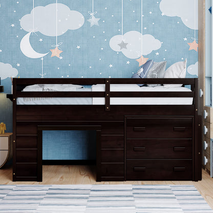 Merax Twin Size Loft Bed, Wood Bedframe for Kids Teens Adults Bedroom with Cabinet, Shelf, Stairs, Espresso