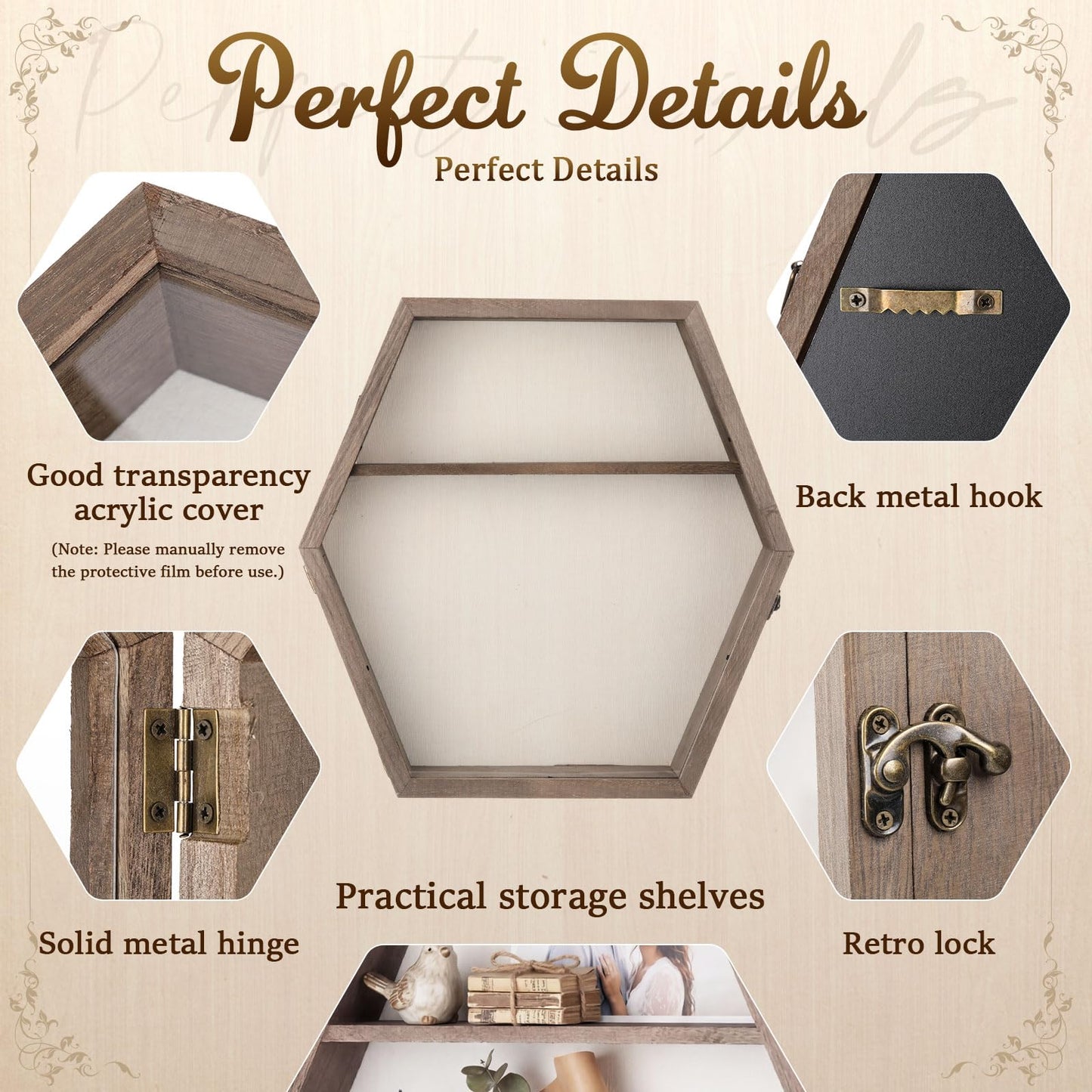 Bucherry 16 Inch Huge Wooden Shadow Box Frame with Acrylic Panel, Shelves, Hangable Brown Deep Shadow Boxes Memory Display Cases with Lanyard and Metal Hook for Wedding Keepsakes, Photos (Hexagonal)