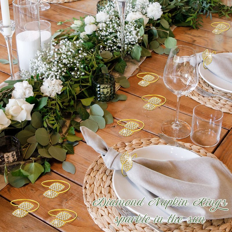 Hotop 150 Pcs Gold Napkin Rings Gold Table Decorations, Elegant Bling Leaves Napkin Rings, Rhinestone Guest Towels Buckle for Holiday Gather Party, Wedding Dinner Banquet Table Decoration