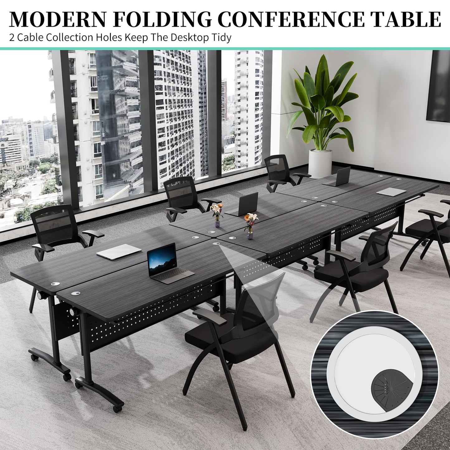 8PCS Folding Training Table with Wheels,Modular Conference Tables, 47IN Conference Room Table with Cable Grommets,Flip Top Mobile Meeting Tables for School Office Seminar Classroom,2-30 Person