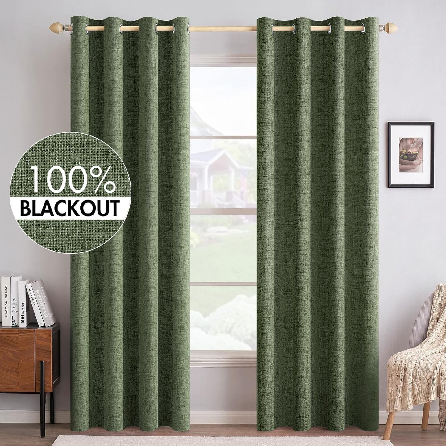 MIULEE 100% Blackout Linen Textured Curtains - Olive Green Thermal Insulated Drapes | 52 x 108 Inch (2 Panels)