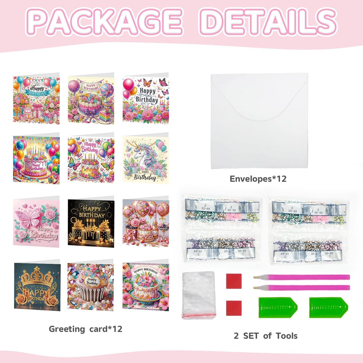 Zyvoreva 12 PCS Birthday Diamond Art Greeting Cards with Envelopes, Cake Square Diamond Painting Greeting Cards Kit for Adults DIY Holiday(Birthday)