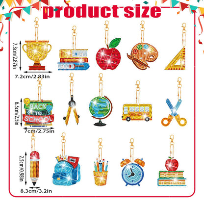 Batiyeer 15 Pcs Back to School Diamond Painting Keychain for Adult School Season 5D DIY Diamond Painting Art Keychain Decor Keychain Making Kit Diamond Key Ring Diamond Ornaments Craft Accessories
