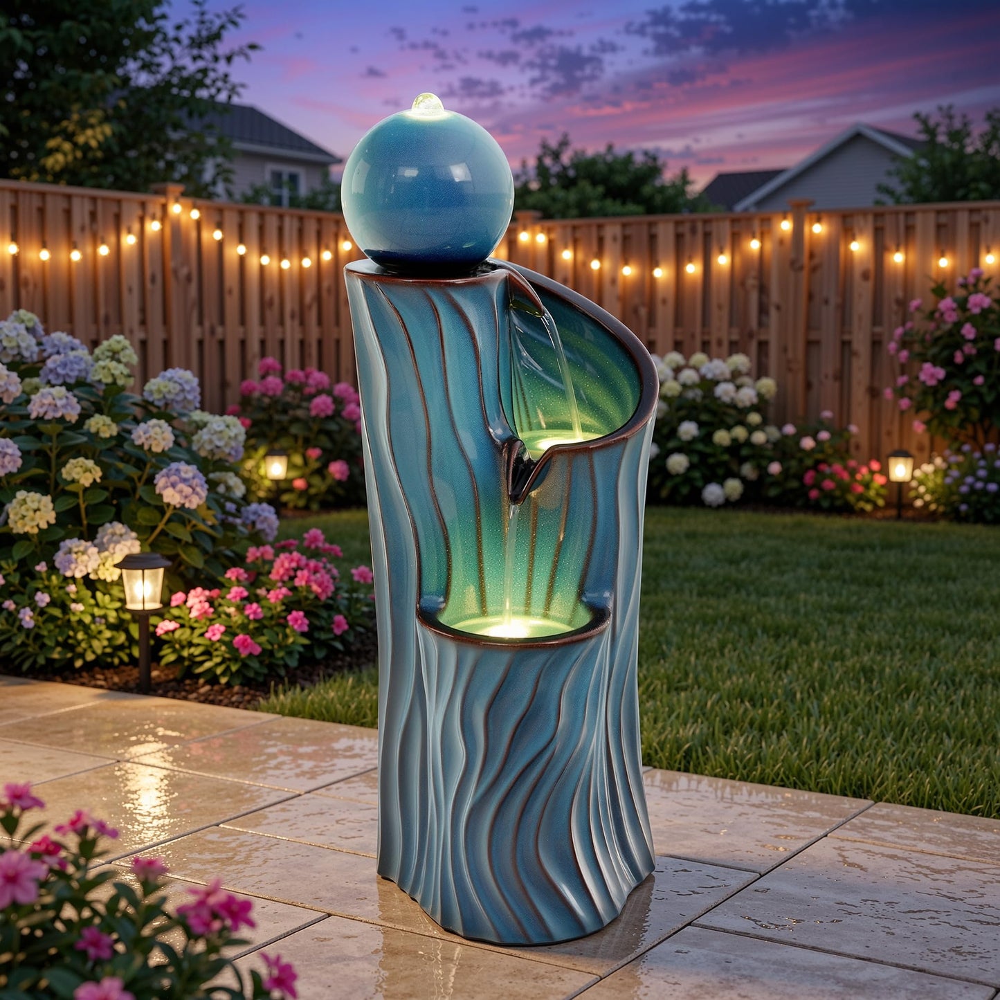 Ultym 32" H Ceramic Outdoor Water Fountain with Lights, Art Sphere Fountains for Outside, Soothing Cascading Waterfalls for Relaxing Garden Patio Yard or Porch Decor, Turquoise, Dynamic Wave-Texture