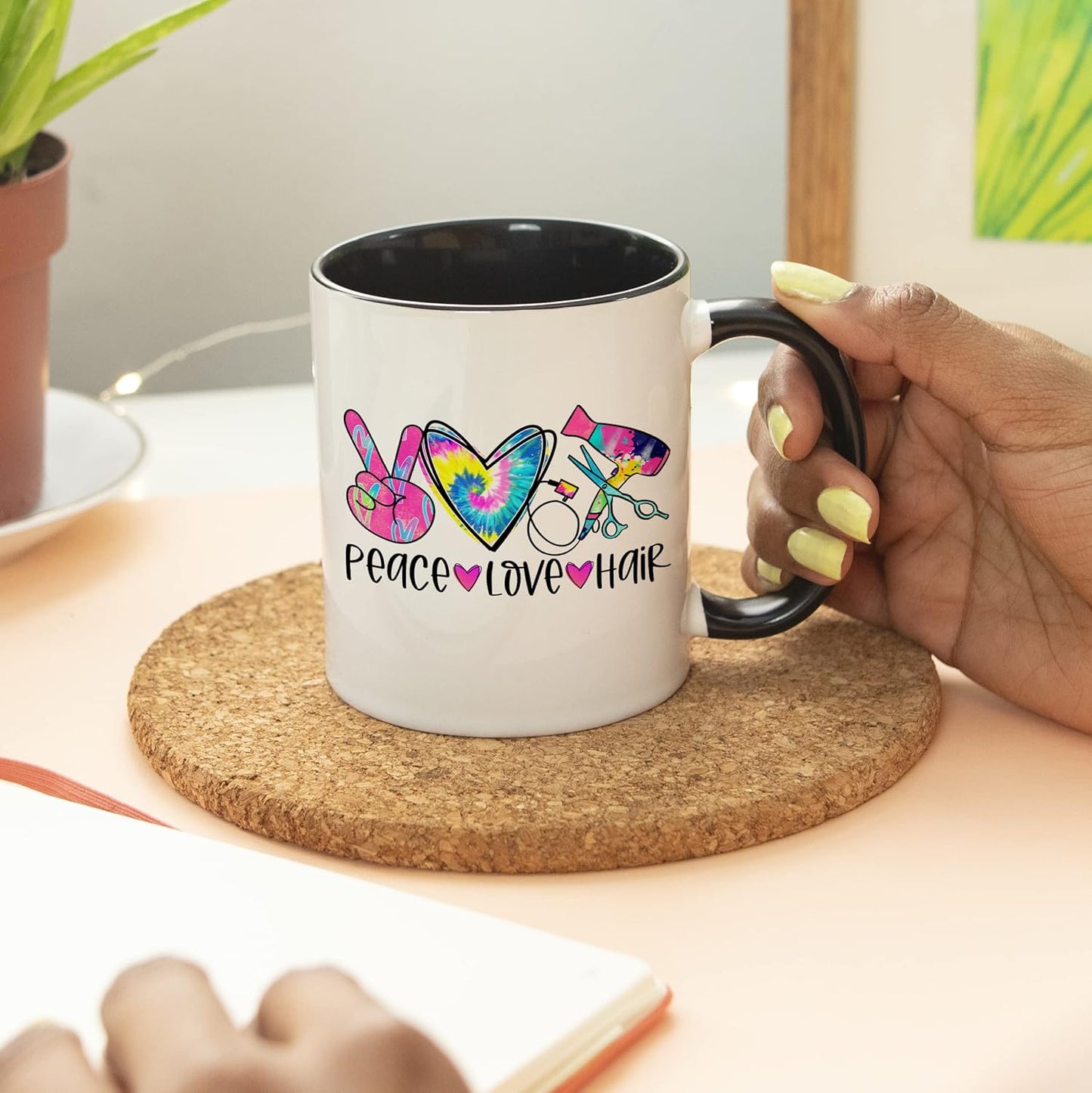 YouNique Designs Peace Love Hair Stylist Coffee Mug, 11 Ounces, Black Handle Mug for Hairdressers