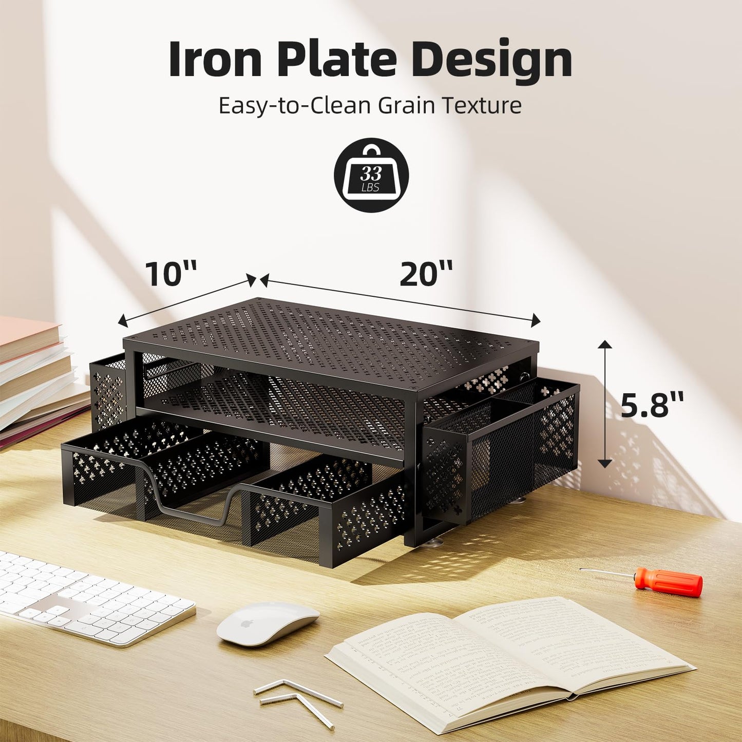 Simple Trending Desk Organizer and Accessories, 2 Tier Computer Metal Monitor Stand Riser with Drawer and Pen Holder for Laptop, Computer, iMac, Black