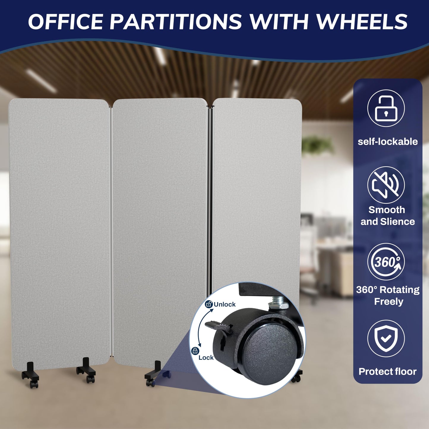 KERRAM 3 Panel Foldable Office Partitions, Mobile Cubicle Wall with Wheels, 71 x 66 Inch Noise Cancelling & Sound Proof Room Dividers Partition Wall, Aluminum Frame Gray