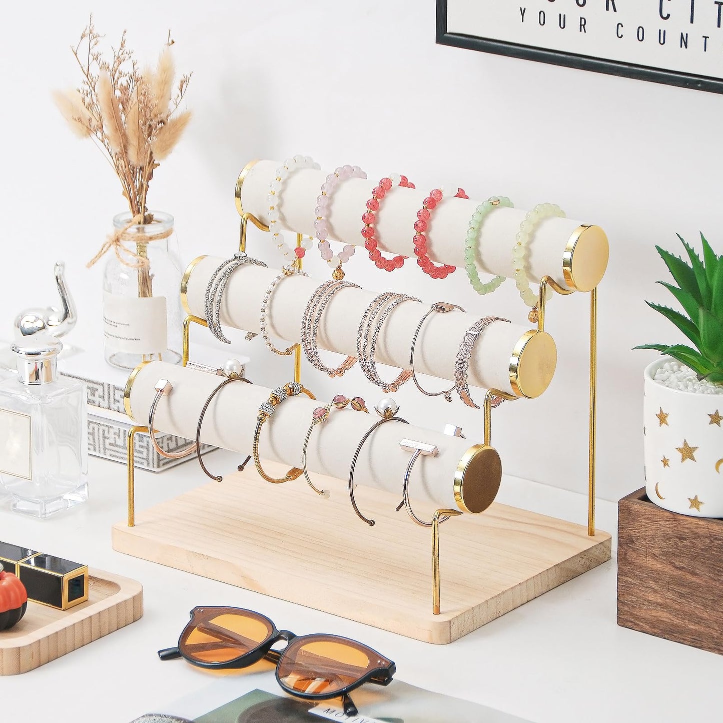 Pengup Bracelet Holder, Bracelet Displays for Vendors, 3 Tier Jewelry Organizer Stand for Selling, Jewelry Necklaces Storage Rack with Wood Base (Beige+Gold)