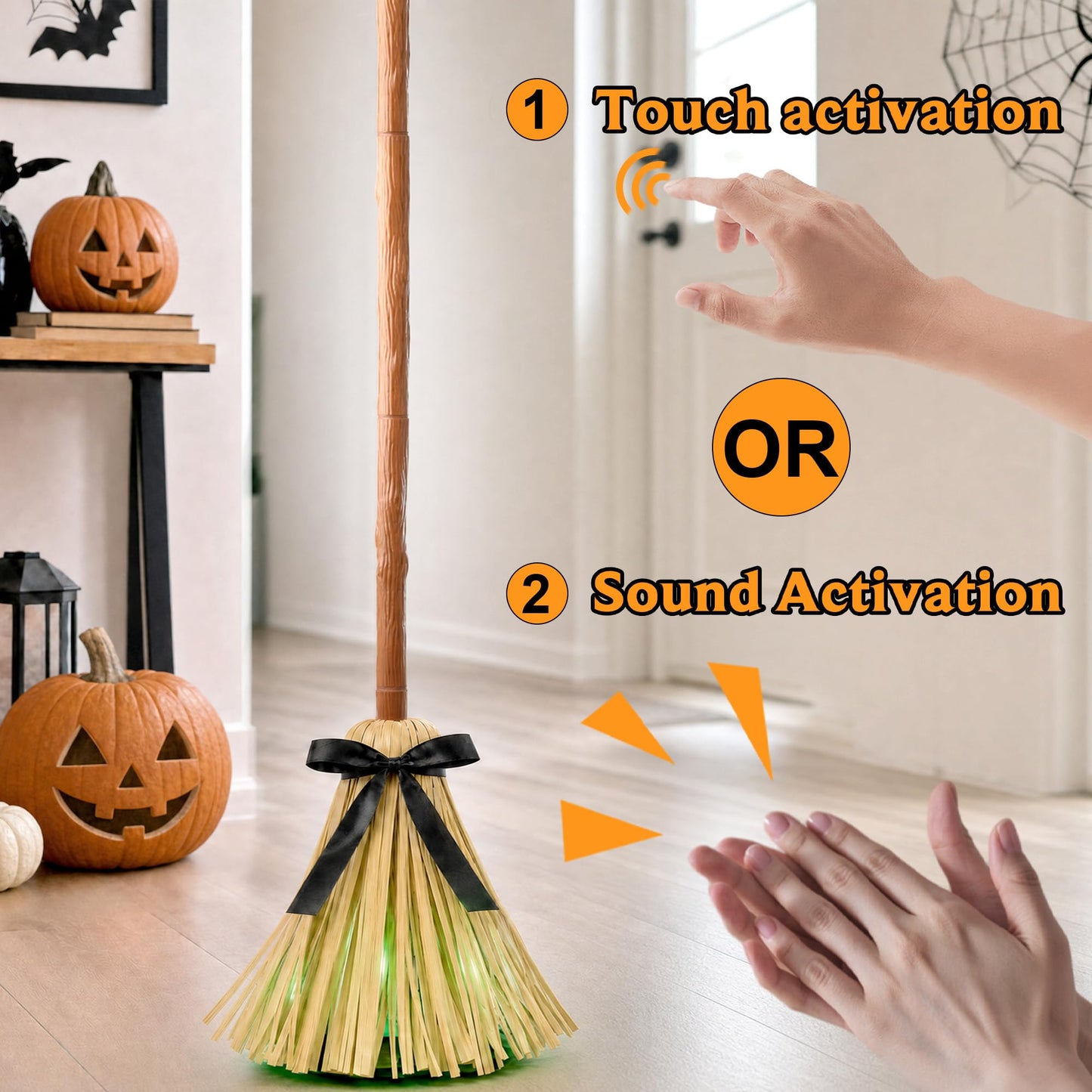 Halloween Decorations Indoor - 49" Animated Floating Lighted Witch Broom with Spooky Sound/Mute Mode - Dancing Magic Broom for Home Party Decorations