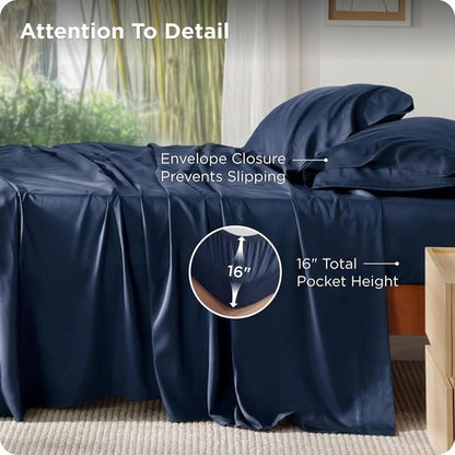 Bedsure Cooling California King Sheet Set - Breathable Rayon from Bamboo, Soft & Luxurious, Deep Pocket Up to 16 Inches, Navy