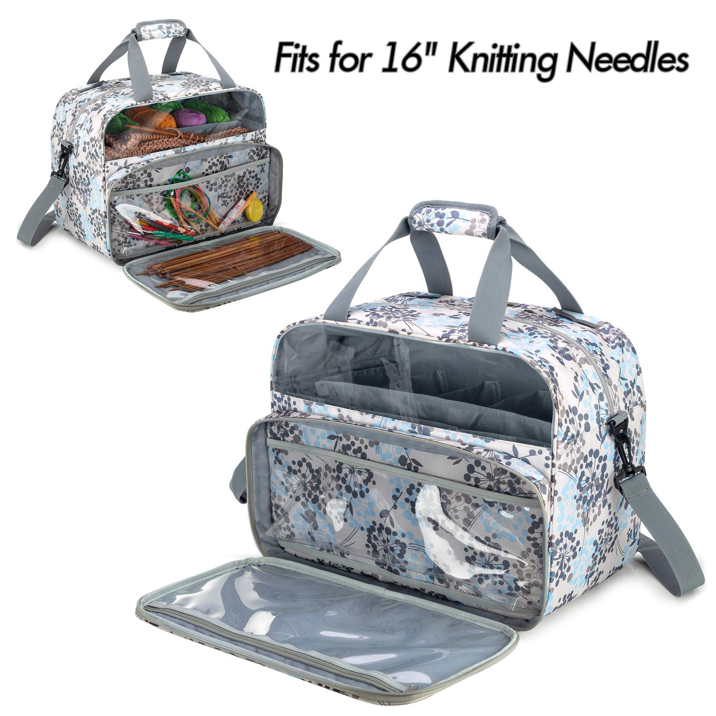 Teamoy Knitting Tote with Inner Dividers for WIP, Yarn Skeins and Knitting Accessories, Yarn Storage Bag with Front Clear Window, Dandelion(Patent Design)