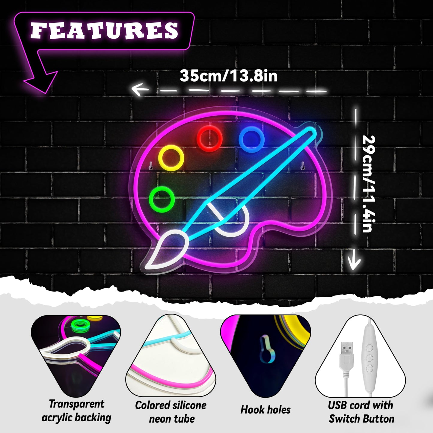 Paint Palette Neon Sign Dimmable Paint Pallet Neon Signs for Wall Decor Led Sign for Art Classroom Decor USB Powered Art Painting Light Up Sign