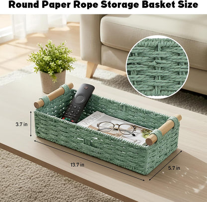 Skiennix Small Bathroom Storage Baskets - Woven Paper Rope Organizing Baskets in Sage Green | Perfect for Home Decor & Gifts