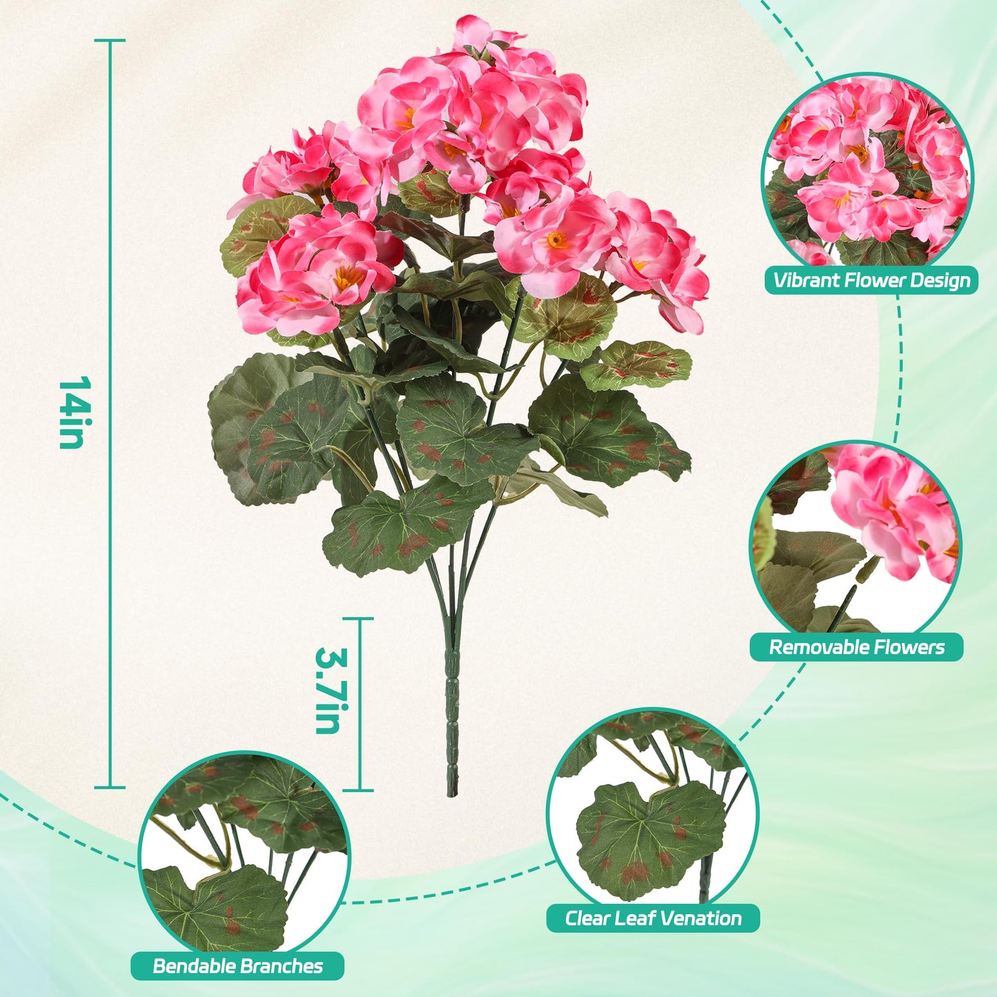Apexion Artificial Geranium Flowers for Outdoors, 6 pcs Silk Geraniums Fake Flowers UV Resistant Faux Plants for Front Door Garden Porch Planter Decoration (Pink)