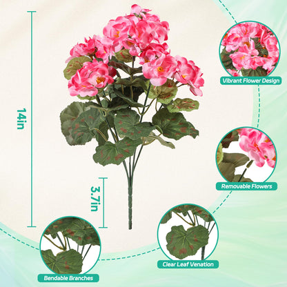 Apexion Artificial Geranium Flowers for Outdoors, 6 pcs Silk Geraniums Fake Flowers UV Resistant Faux Plants for Front Door Garden Porch Planter Decoration (Pink)