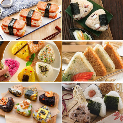 Onigiri Mold Set - 12pcs Spam Musubi Maker Press Rice Ball Mold Sushi Rolling Mat Sushi Making Kit with 50pcs Onigiri Wrappers and Stickers for Lunch Bento and Home DIY