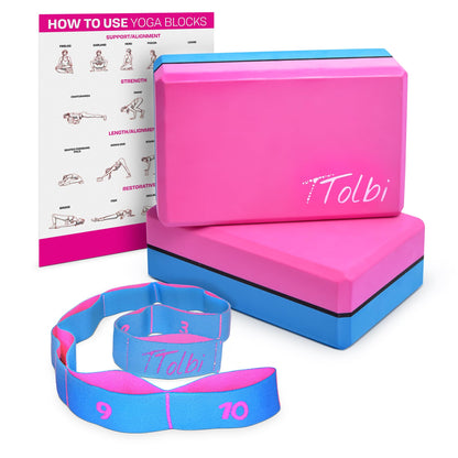 Yoga Blocks 2 Pack Set with Dance Stretch Band & Guide: Non-Slip EVA Foam Block - Ideal Stretching Equipment for Home Workouts, Pilates, Dance, Ballet, Gymnastics, Exercise - Stretch Strap Stuff Props