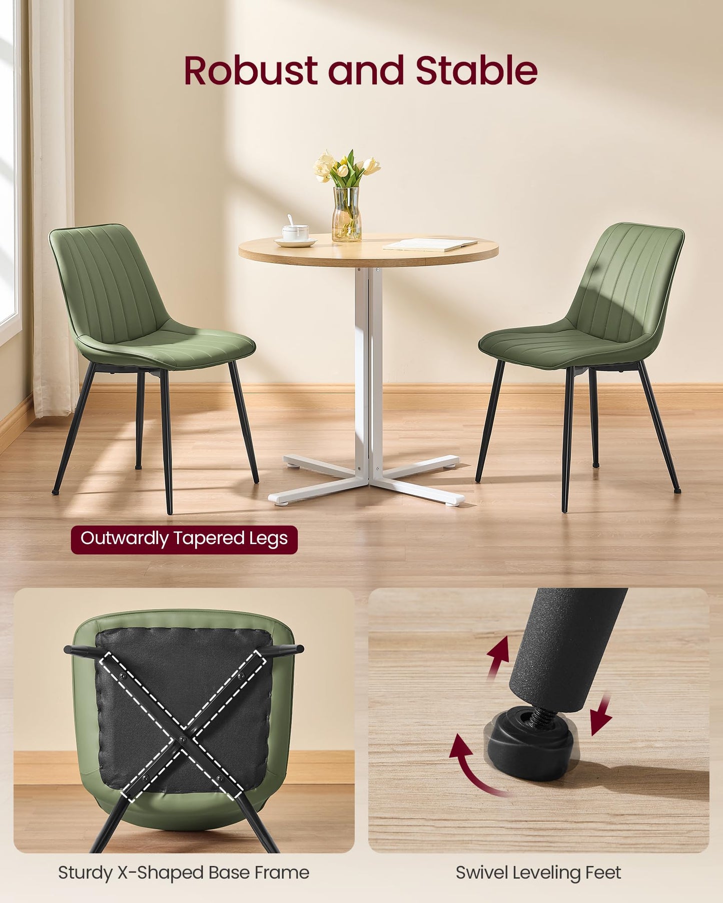 VASAGLE Dining Chairs Set of 6, Upholstered Kitchen Chairs, Synthetic Leather, Max. Load 264 lb, Steel Legs, Curved Backrest, for Dining Room, Forest Green and Ink Black ULDC090CH02-3J