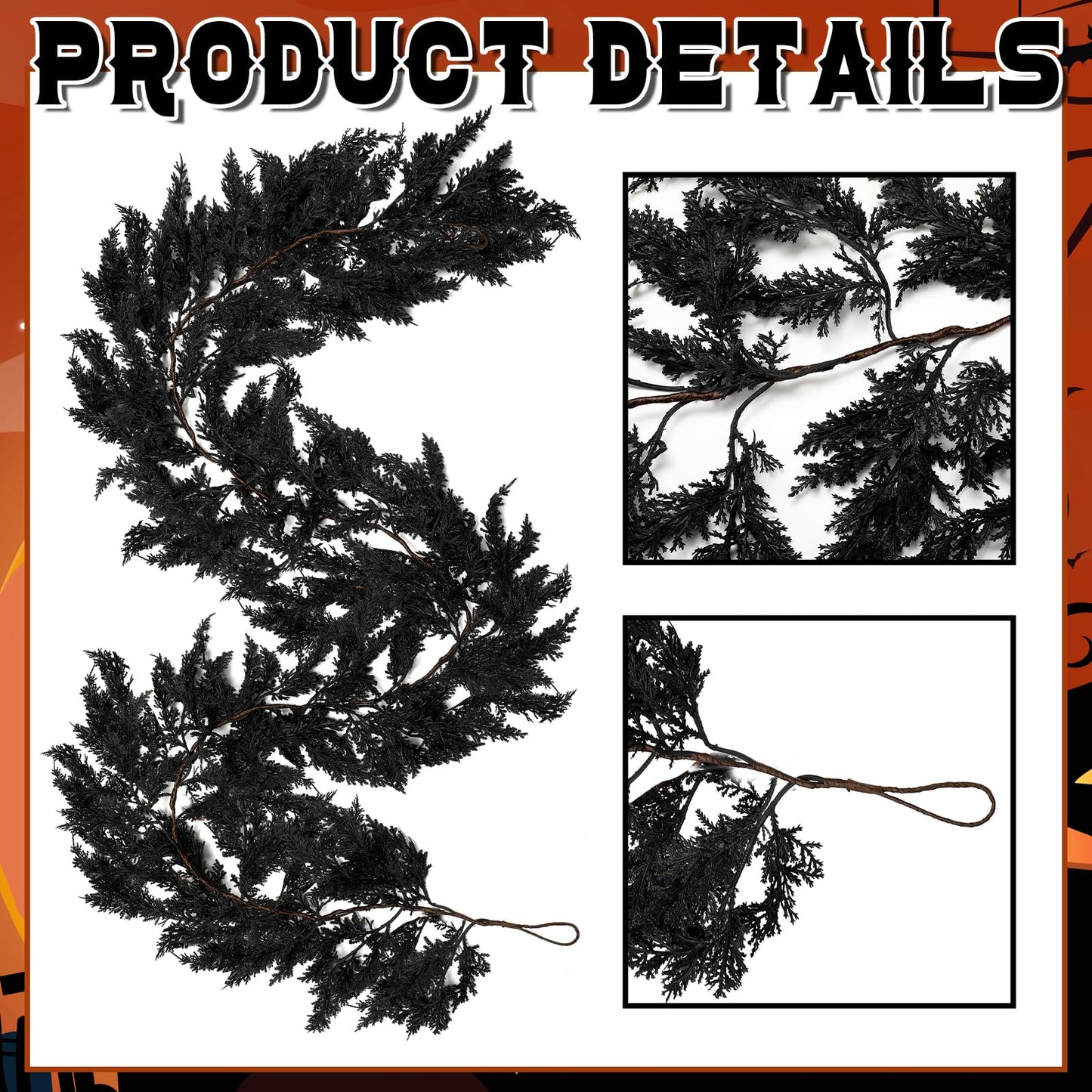 XunYee Black Halloween Garland 6 Feet Spooky Halloween Cedar Garland Mantel Fireplace Artificial Faux Trailing Realistic Gothic Hanging Vine Twigs for Thanksgiving Party Outdoor Indoor Home Decor