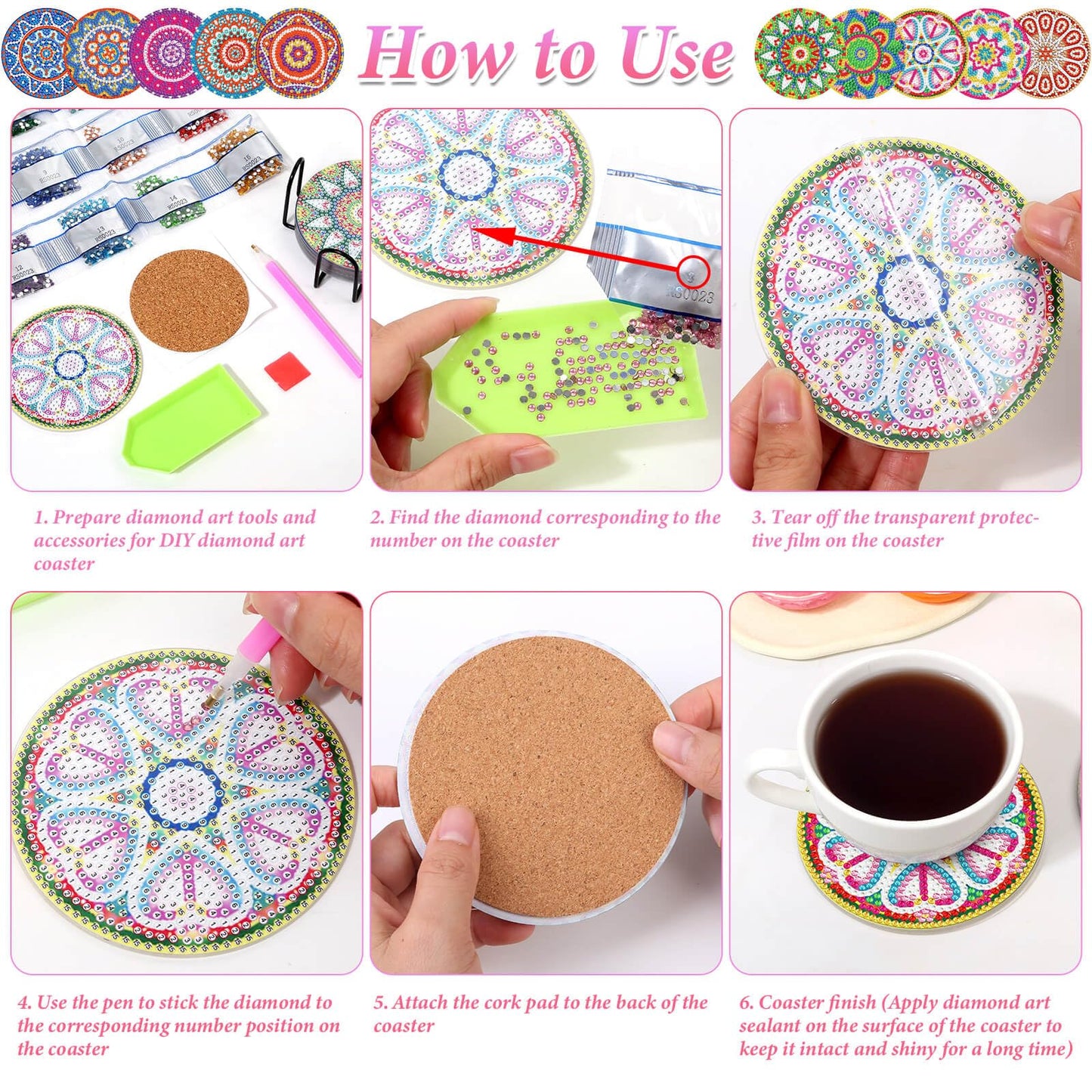 Billbotk Diamond Painting Coasters Kit, 10 Pieces Mandala Diamond Art Coasters with Holder, DIY Diamond Arts and Crafts for Adults