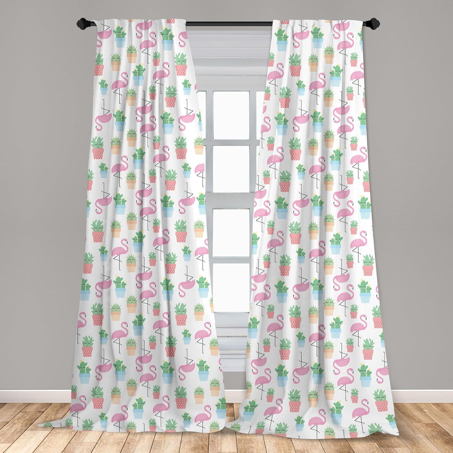 Ambesonne Cactus Window Curtains, Flamingos and Sleeping Plants Cartoon Pattern, 2-Panel Set (28" x 63")