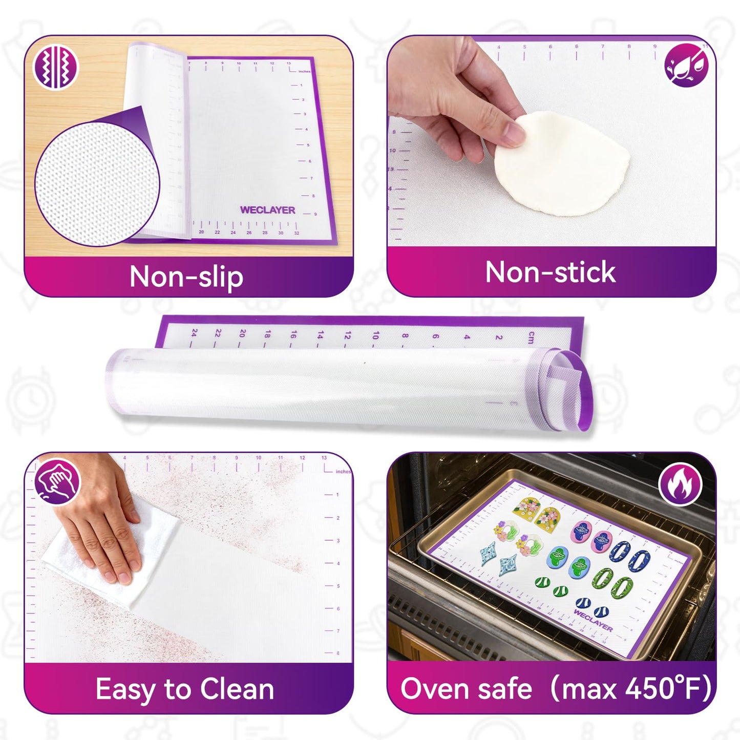 WECLAYER Clay Roller with Thickness Rings and 16" x 12" Silicone Clay Mat with Measurement,Oven-Safe Work Mat with Texture,Reusable Silicone Non-skid Pad,Clay Rolling Pin,Polymer Clay Tools