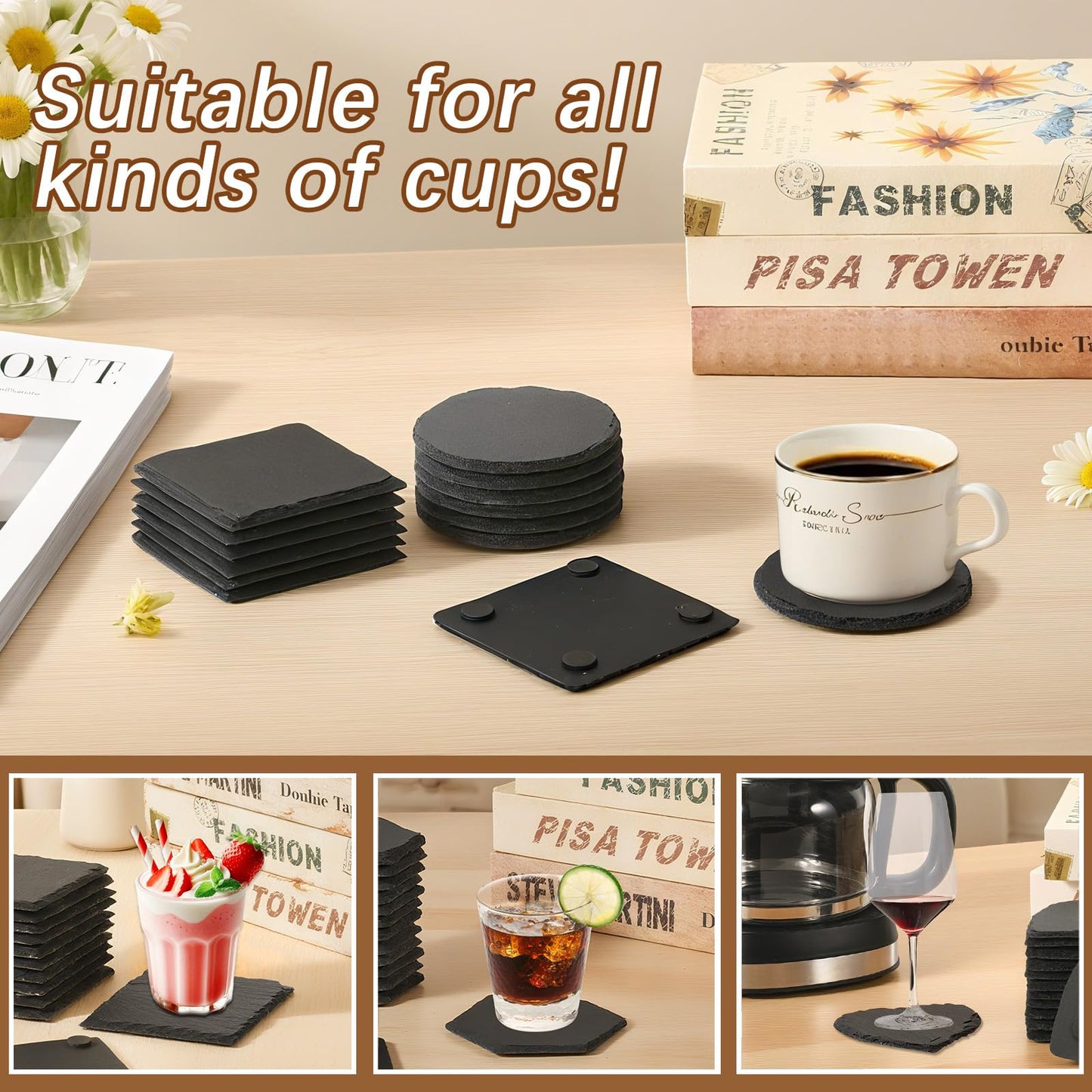 72 Pcs Slate Coasters for Laser Engraving Blanks Slate Coasters Bulk for Engraving Black 4 Inch Blank Laser Engraving, Hand Painted, Scratch Resistant Bottom 18Square+18Round+18Heart+18Hexagon
