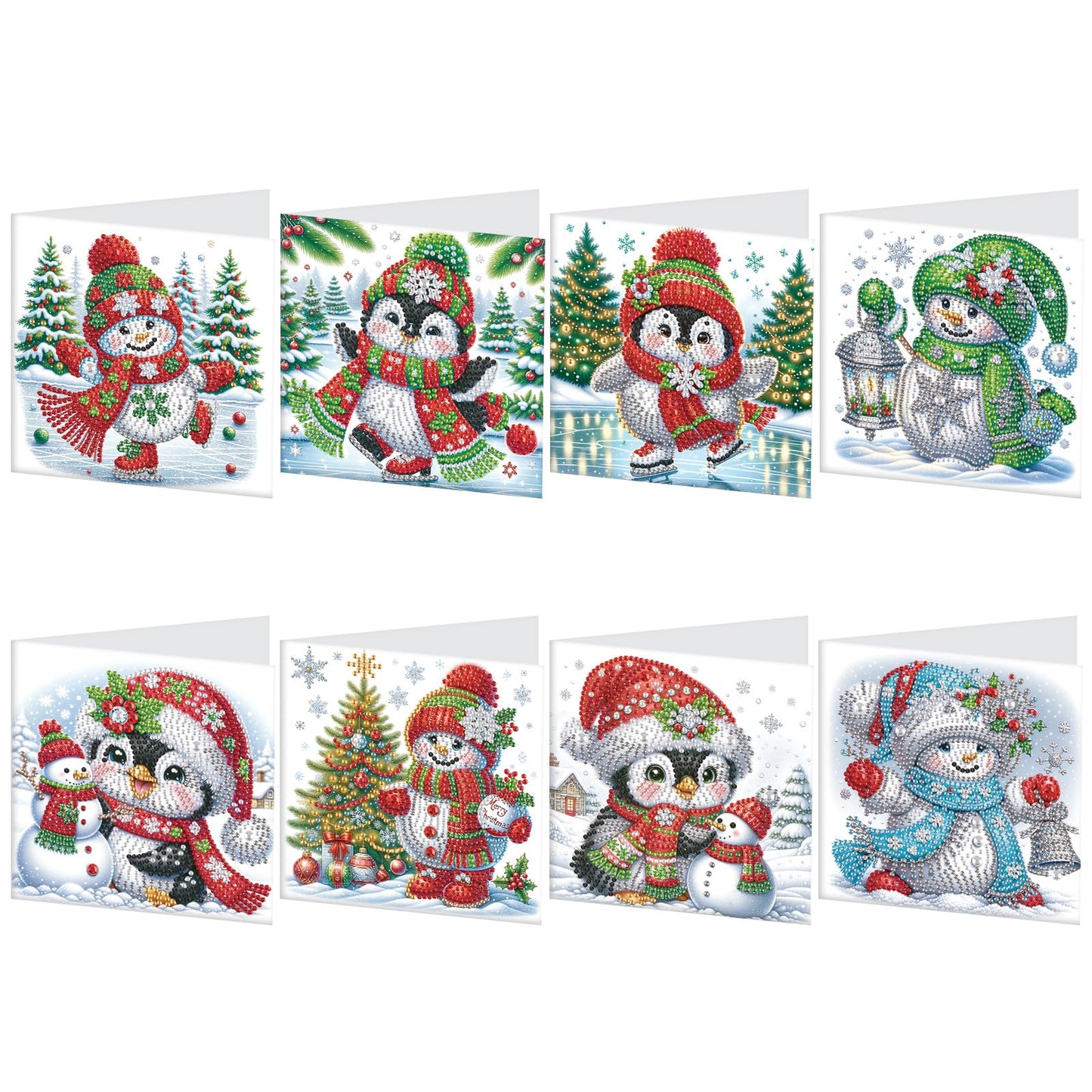 MVVMTOP 8pcs Christmas Diamond Painting Greeting Cards Christmas snowman & penguin, for Blessings and Wishes, Special Shape Crystal Partial Mosaic Making Craft, Paper Material, DIY Gifts for Holiday