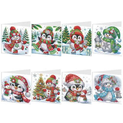 MVVMTOP 8pcs Christmas Diamond Painting Greeting Cards Christmas snowman & penguin, for Blessings and Wishes, Special Shape Crystal Partial Mosaic Making Craft, Paper Material, DIY Gifts for Holiday