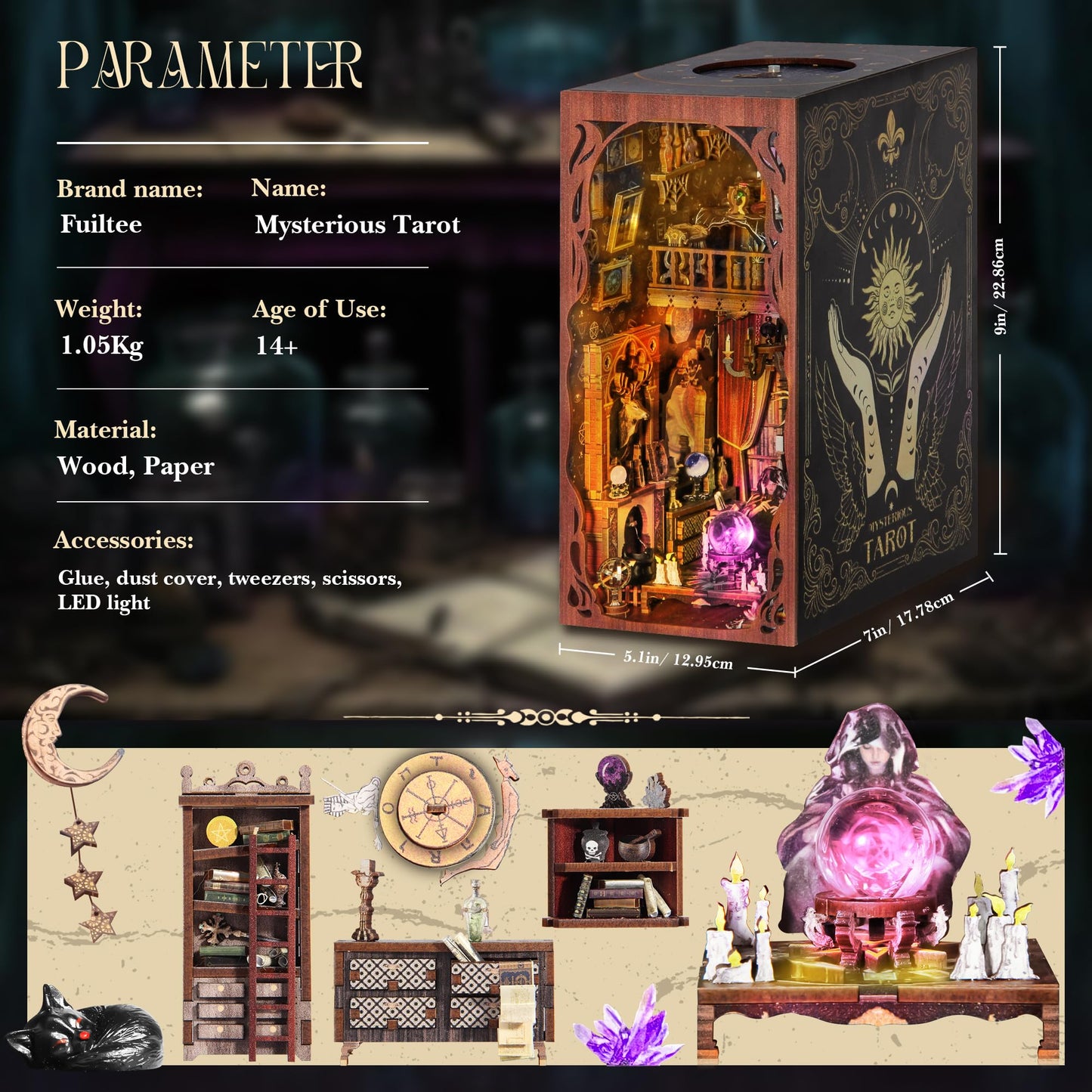DIY Book Nook Kit, 3D Wooden Puzzle Booknook, Bookshelf Miniature House Kit Dollhouse, Tarot Divination Test, with LED Light, Dust Cover, Gift for Adults Teens (Mysterious Tarot)