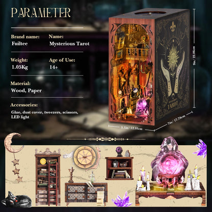 DIY Book Nook Kit, 3D Wooden Puzzle Booknook, Bookshelf Miniature House Kit Dollhouse, Tarot Divination Test, with LED Light, Dust Cover, Gift for Adults Teens (Mysterious Tarot)
