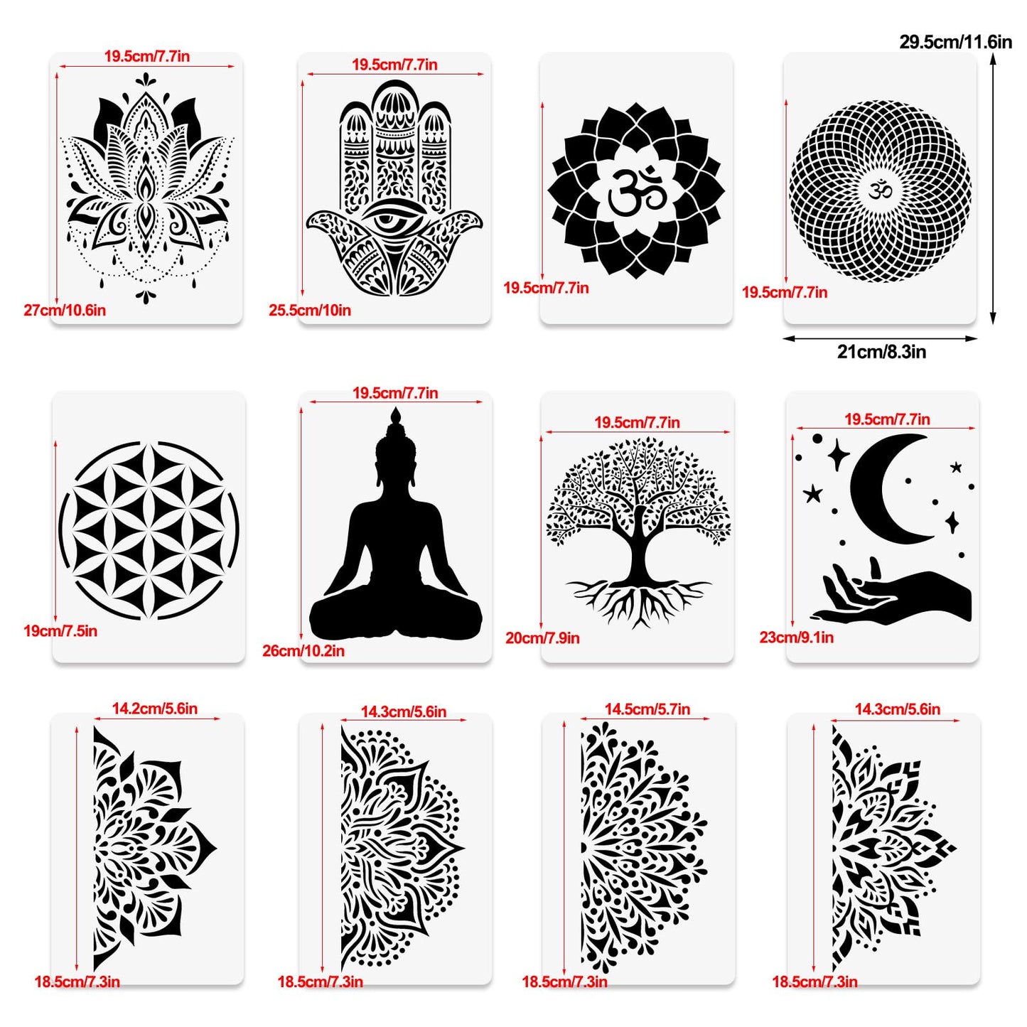 12 Sacred Geometry Stencils - Hamsa Hand, Torus, Om, Lotus, Moon, Mandala, Zen, Flower of Life, Yoga, Spiritual, Meditation Templates for Painting on Wood, Fabric, Walls - 8.3"x11.7"