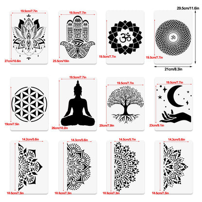 12 Sacred Geometry Stencils - Hamsa Hand, Torus, Om, Lotus, Moon, Mandala, Zen, Flower of Life, Yoga, Spiritual, Meditation Templates for Painting on Wood, Fabric, Walls - 8.3"x11.7"