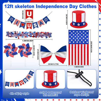 8 Pcs 4th of July 12 Ft Skeleton Costume Set Skeleton Clothes Accessories Independence Day Hat Tie Garland American Flag Cape Banner Pinwheels for 250th Anniversary Patriotic Garden Lawn Outdoor Decor