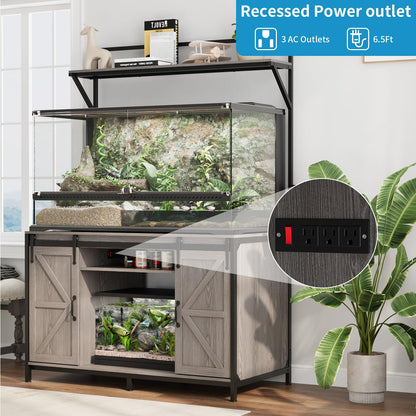 VOWNER Farmhouse Reptile Tank Stand with Power Outlet, 48" X 24" Tabletop Fits up to 120 Gallon Bearded Dragon Tank, Heavy Duty Aquarium Stand with Storage Cabinet, Reptile Turtle Terrarium Stand Grey