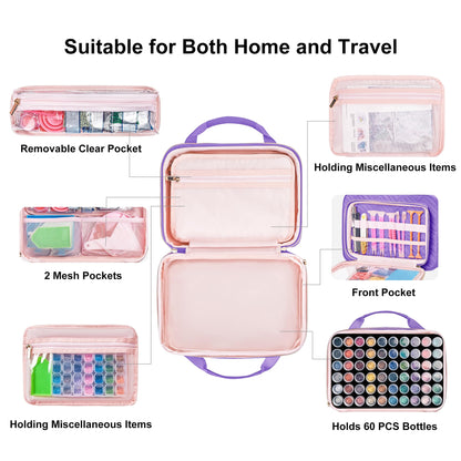 Leudes Diamond Painting Storage Containers, 60 Slots Bead Storage Box for Diamond Art Kits Accessories Organizer Case (Only Bottles and Bag) (Purple-1(60 Jars))