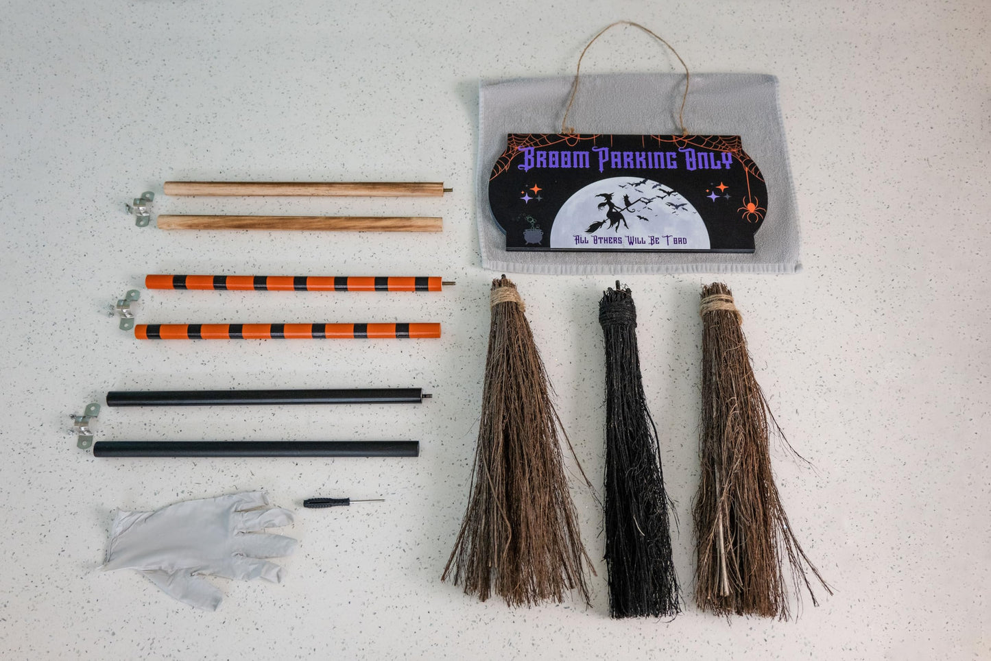 Halloween Decorations with Broom Parking Only Sign - Witch Halloween Theme - Porch Decor - Decorations with Three Witch Broomstick - Wall Decor with Lights