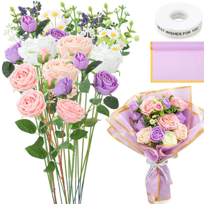 Ovveroche DIY Purple Flower Bouquet Set Artificial Preserved Roses with Eucalyptus Lavender White Roses Perfect for Wedding Birthday Valentine's Day Party Decoration