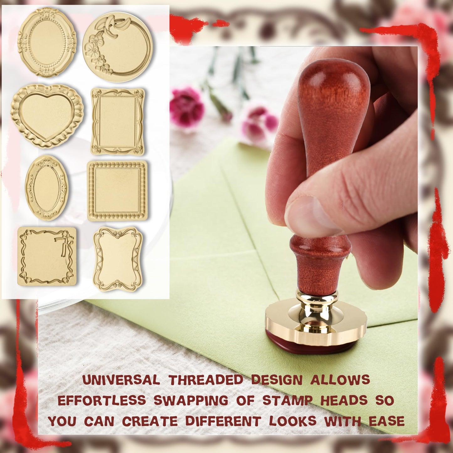 8 Set Frame Wax Seal Stamp Kit 8 Pcs Brass Wax Seal Head 8 Pcs Wood Handle Vintage Photo Frame Stamp for Wedding Invitations Scrapbooking Letters