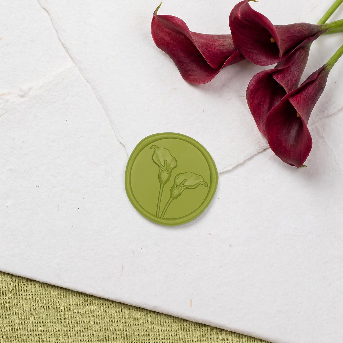 UNIQOOO Wax Seal Stickers - 3D Calla Lily Floral Wedding Invitation Envelope Seal Stickers, 50 Pcs Self- Adhesive Chartreuse Green Flower Wax Seals, Perfect for Bridal Shower, Gift Wrapping