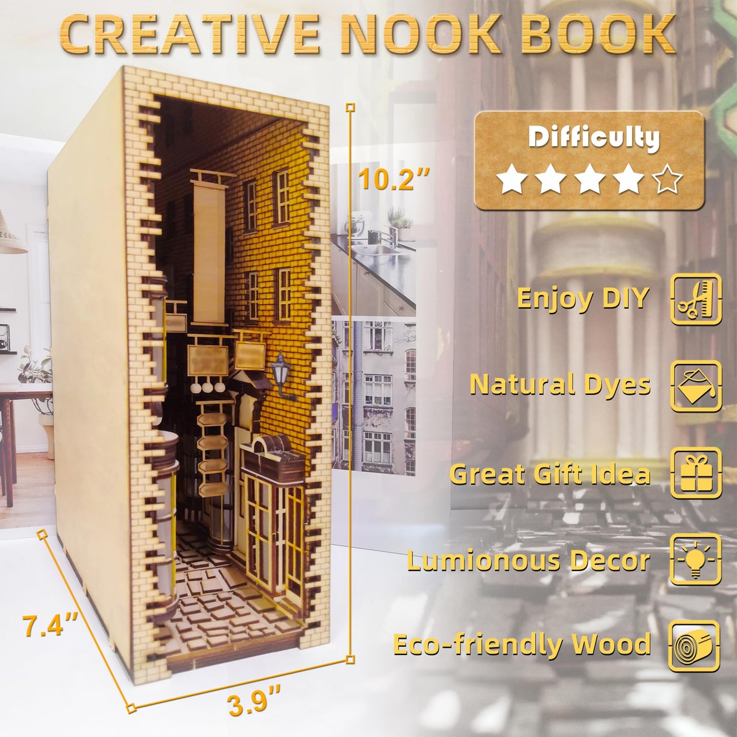 LED Book Nook Kit for Adults - Decorative Bookend Stand-3D Wooden Puzzle for Adults, Booknook Bookshelf Insert Room Decor Gift Craft for Teen Girls Boys Women Men(Advanced Edition)
