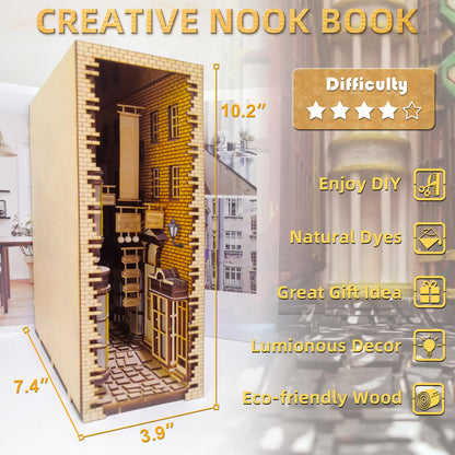 LED Book Nook Kit for Adults - Decorative Bookend Stand-3D Wooden Puzzle for Adults, Booknook Bookshelf Insert Room Decor Gift Craft for Teen Girls Boys Women Men(Advanced Edition)