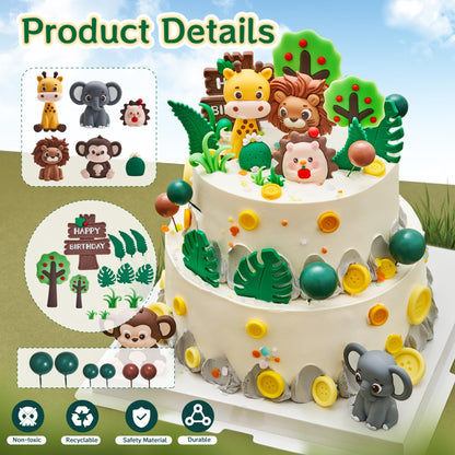 25PCS Jungle Safari Cake Toppers Set - 3D Zoo Animals Cake Toppers with Trees & Leaves, Wild One Birthday Decor for Jungle Theme Parties Supplies, Safari Cake Decorations