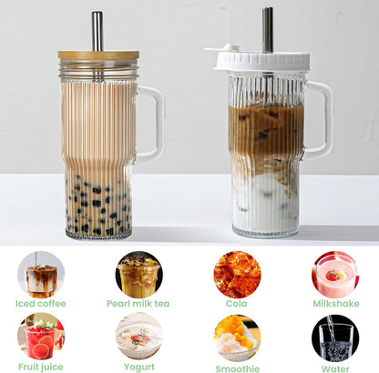 24oz Handle,4Pack Ribbed Glass Tumbler With Glass Cup with Lids and Straws,Reusable Glass Iced Coffee Cups