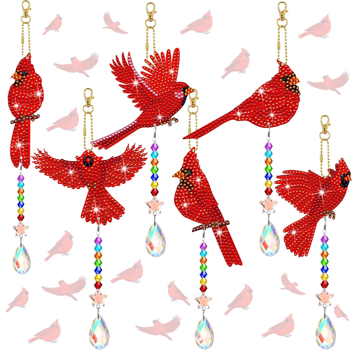 Tradder 6 Pcs Diamond Art Kit for Adults Cardinal Birds Diamond Art Ornament Suncatcher Double Sided Cardinal Bird Wind Chimes with Crystal Pendant 5D for Home Garden Hanging Ornaments