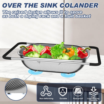 Over the Sink Colander, Expandable Strainers and Colanders with Fine Mesh, Colander for Kitchen with Rubber Grip for Draining Pasta, Vegetables and Fruits - Essential Kitchen Sink Strainer