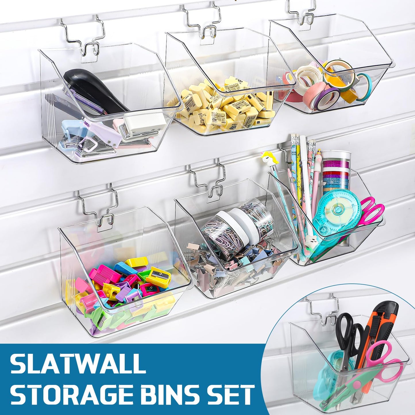 Layhit 6 Set Slatwall Bins Plastic Slatwall Baskets with Metal Hooks Hanging Containers Storage Organizer Pegboard Accessories for Garage Craft Workshop Office Storage