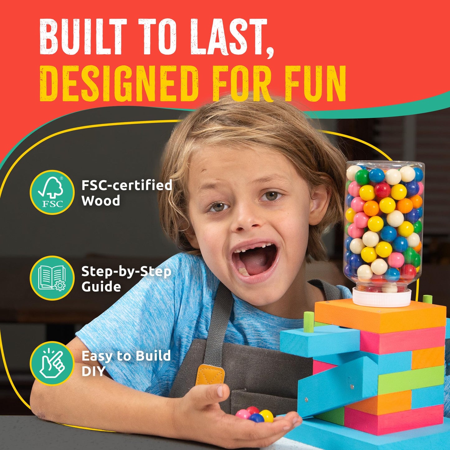 SparkJump Candy Dispenser Woodworking Kit – Complete STEM Building Kit for Kids with FSC-Certified Wood, Paints & Tools, DIY Gumball Machine Craft for Boys & Girls, Ages 6+