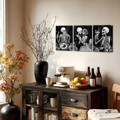 FuShvre Skeleton Kitchen Decor Black and White Skeleton Canvas Art Pictures Gothic Dining Room Decor Framed 12x16 inch (Black)