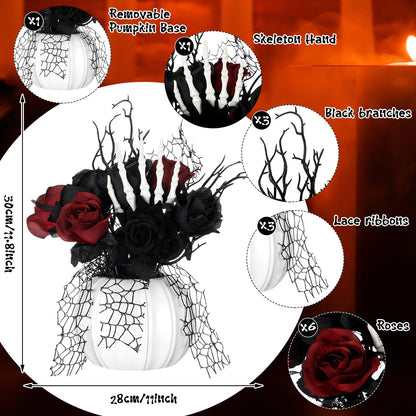 Chuangdi Halloween Table Centerpieces Decorations Halloween Table Artificial Flowers Decor Gothic Skeleton Hand with Black Red Fake Roses Removable Pumpkin Vase for Party Dining Photo Props